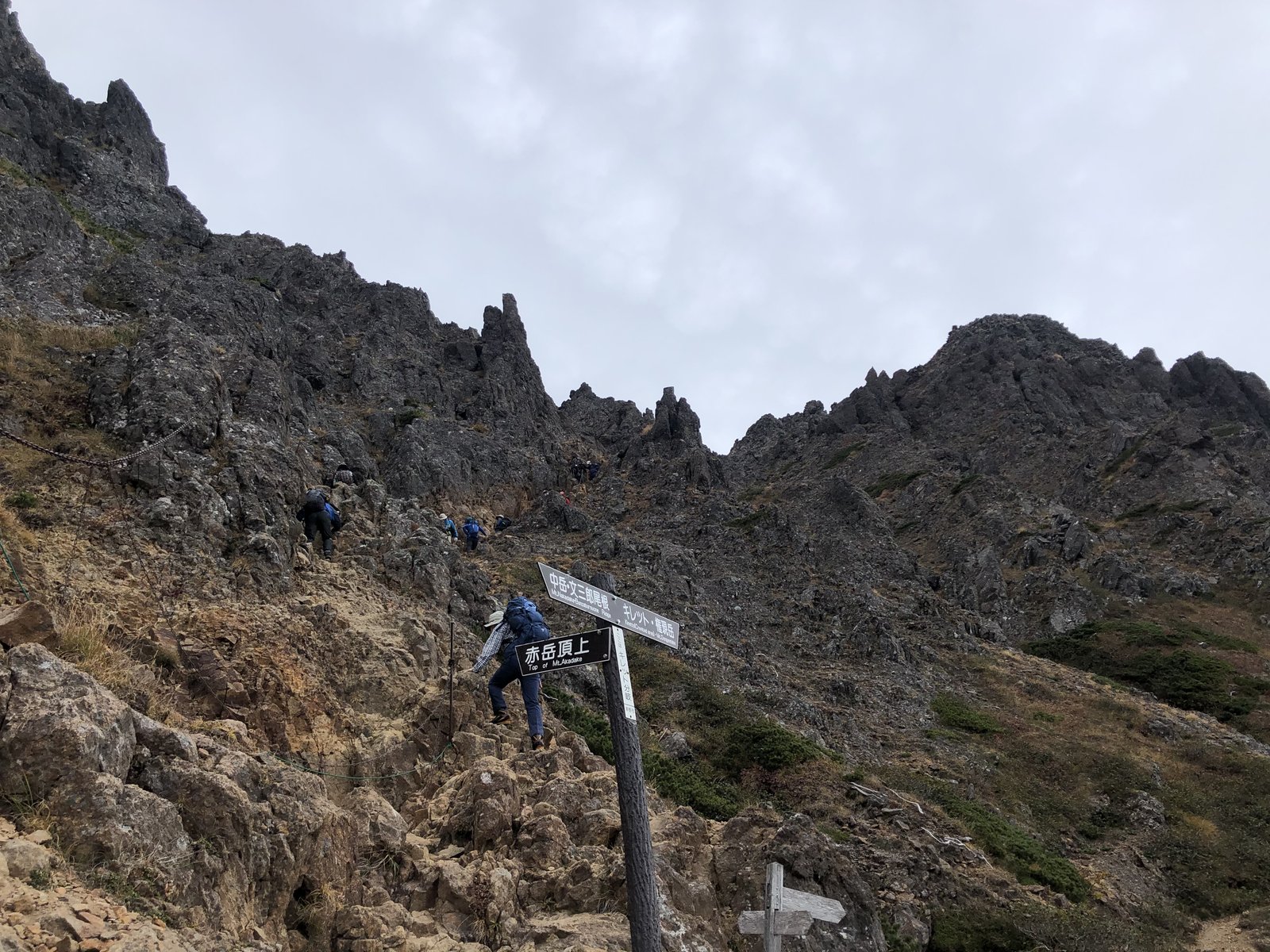 文三郎尾根上部の分岐 岩稜の斜面を登る登山者と道標 赤岳山頂直下 南八ヶ岳 ヤマカルテ