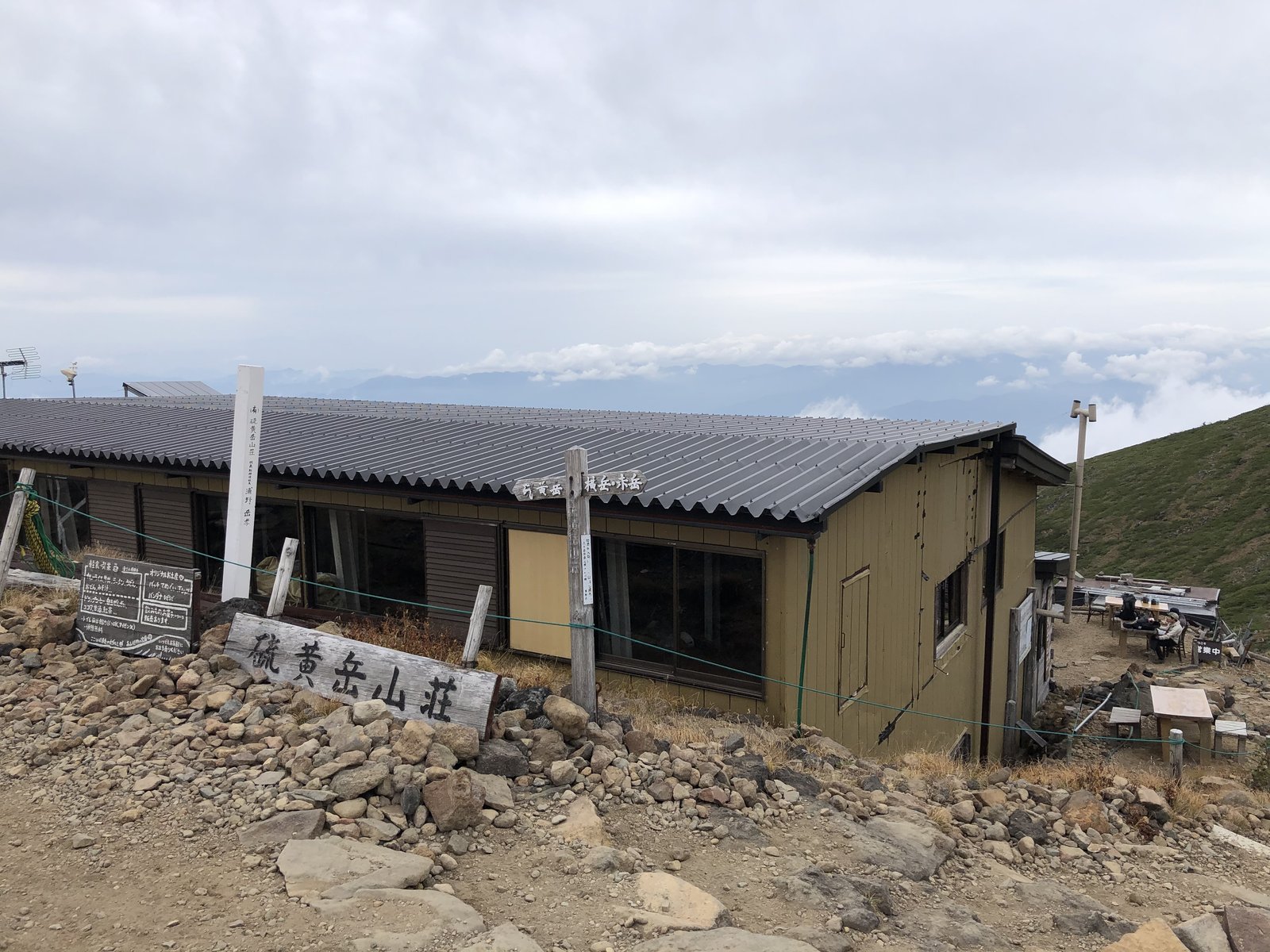 硫黄岳山荘の建物と看板 稜線上の山小屋 南八ヶ岳 ヤマカルテ