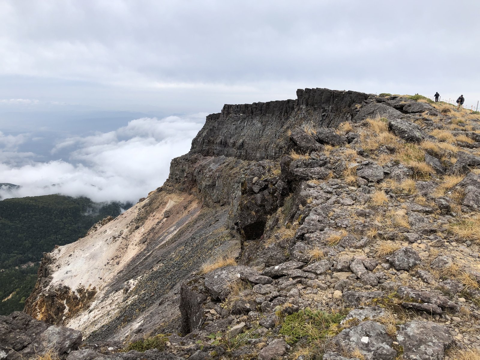 硫黄岳の崖のふちに立つ登山者と切れ落ちた岩壁 雲の上の稜線 ヤマカルテ