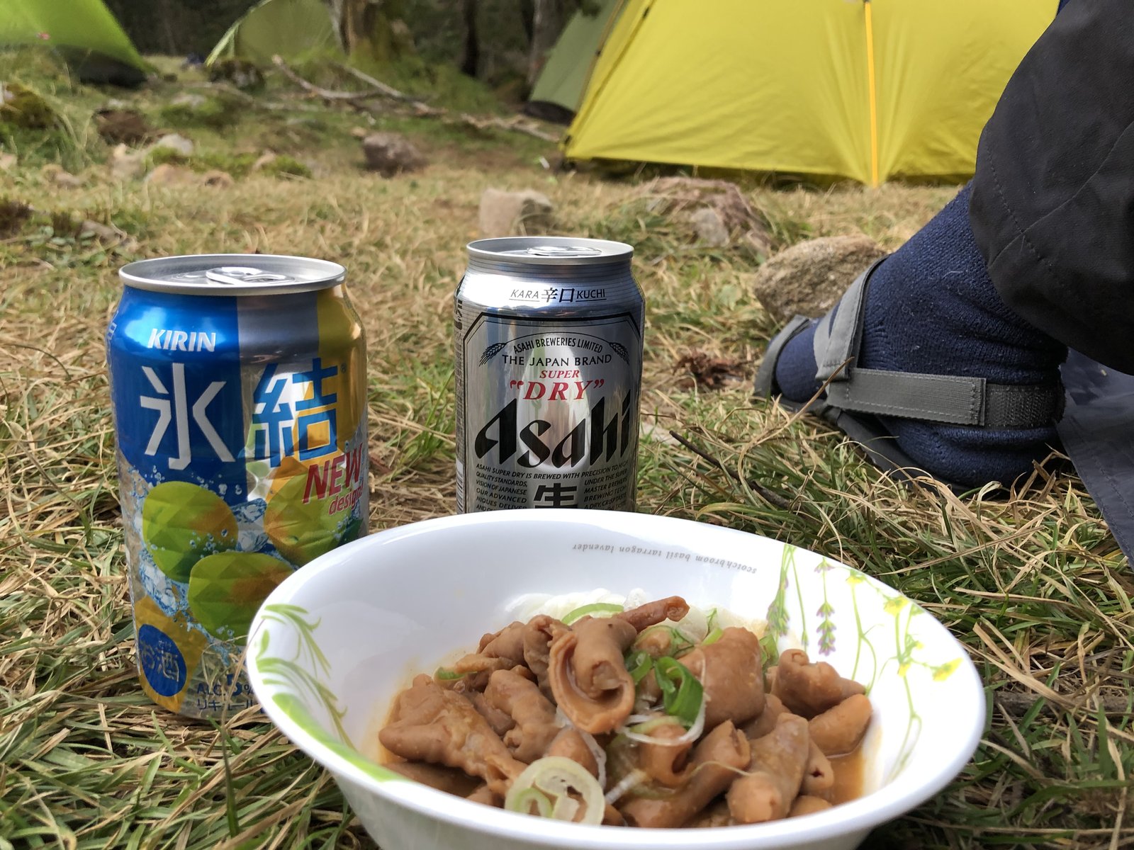 赤岳鉱泉の売店で頼んだもつ煮と缶のお酒 テント場の芝の上で ヤマカルテ