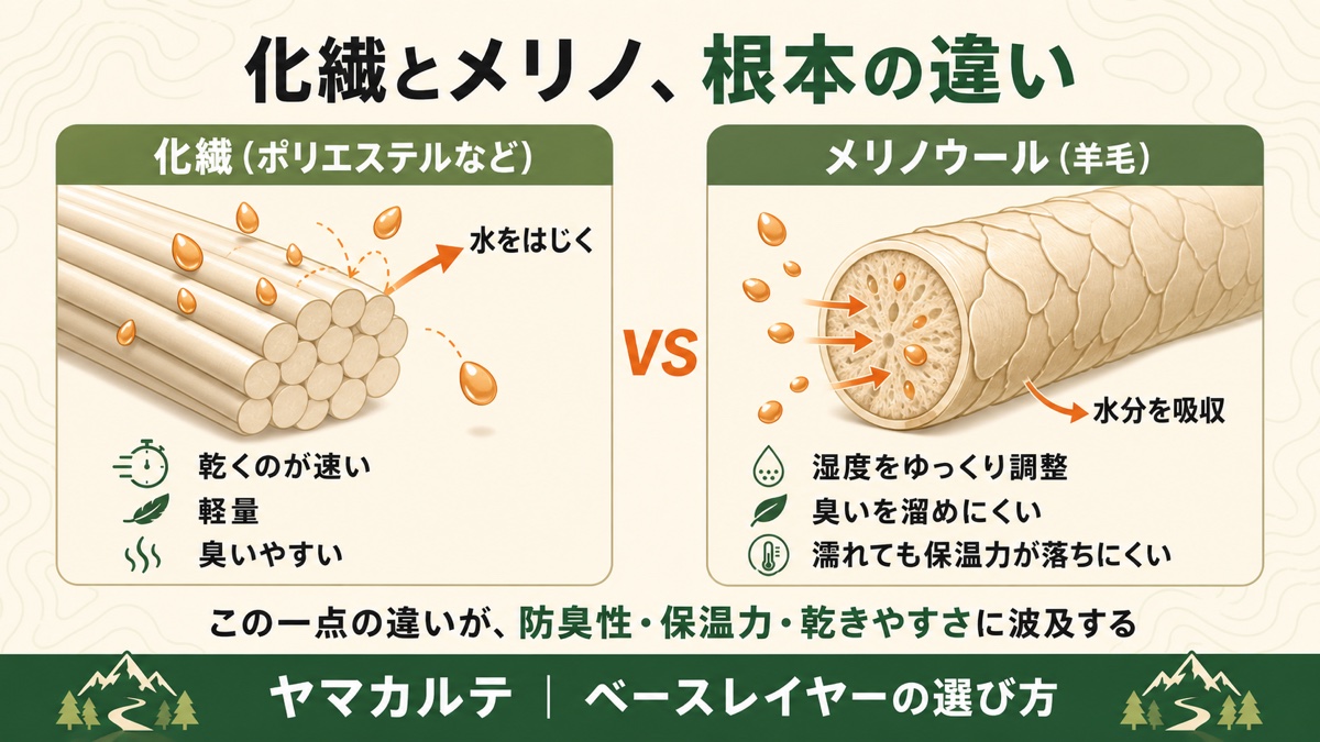 化繊は繊維が水をはじき乾きが速い一方でメリノウールは繊維内部に水分を吸収し湿度をゆっくり調整する構造対比 ヤマカルテ
