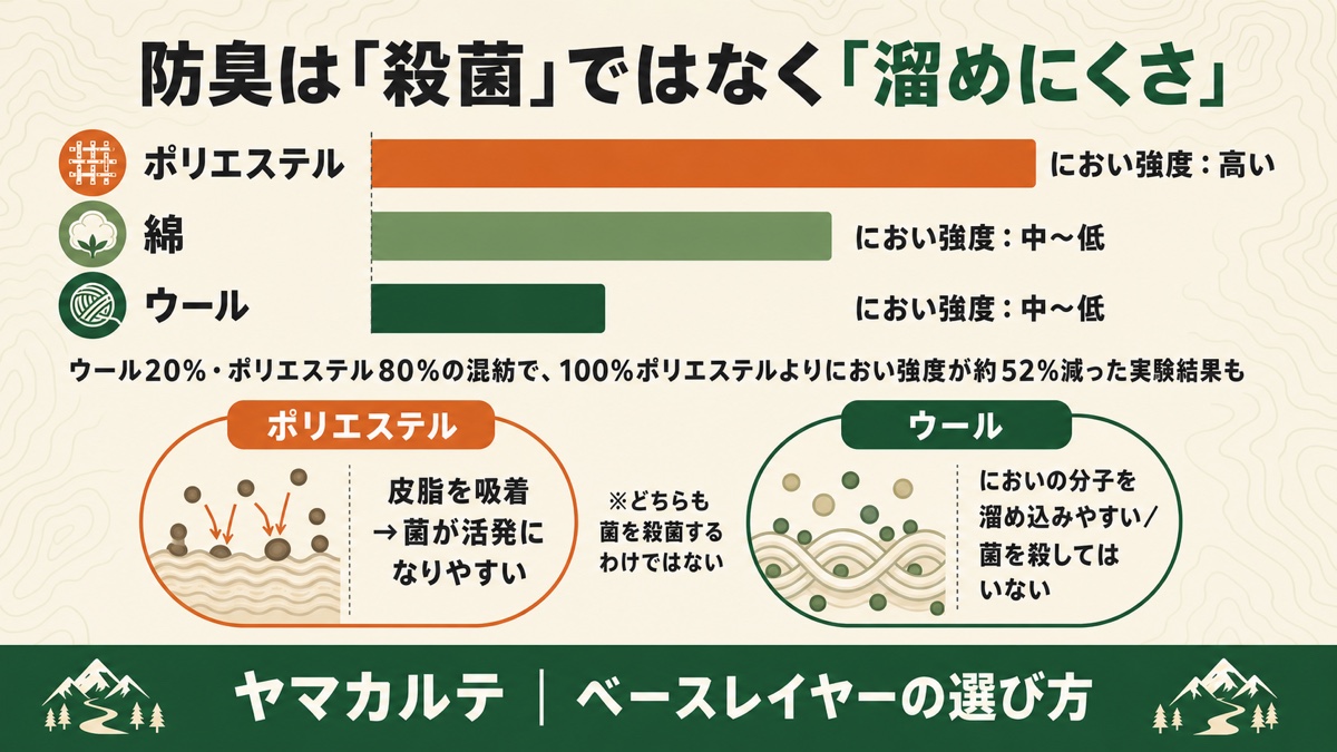 においの強さはポリエステルが高くウールと綿は中〜低 ウール20%ポリエステル80%混紡で52%減 ポリエステルは菌が活発になりやすくウールは殺菌せず溜め込みやすい ヤマカルテ