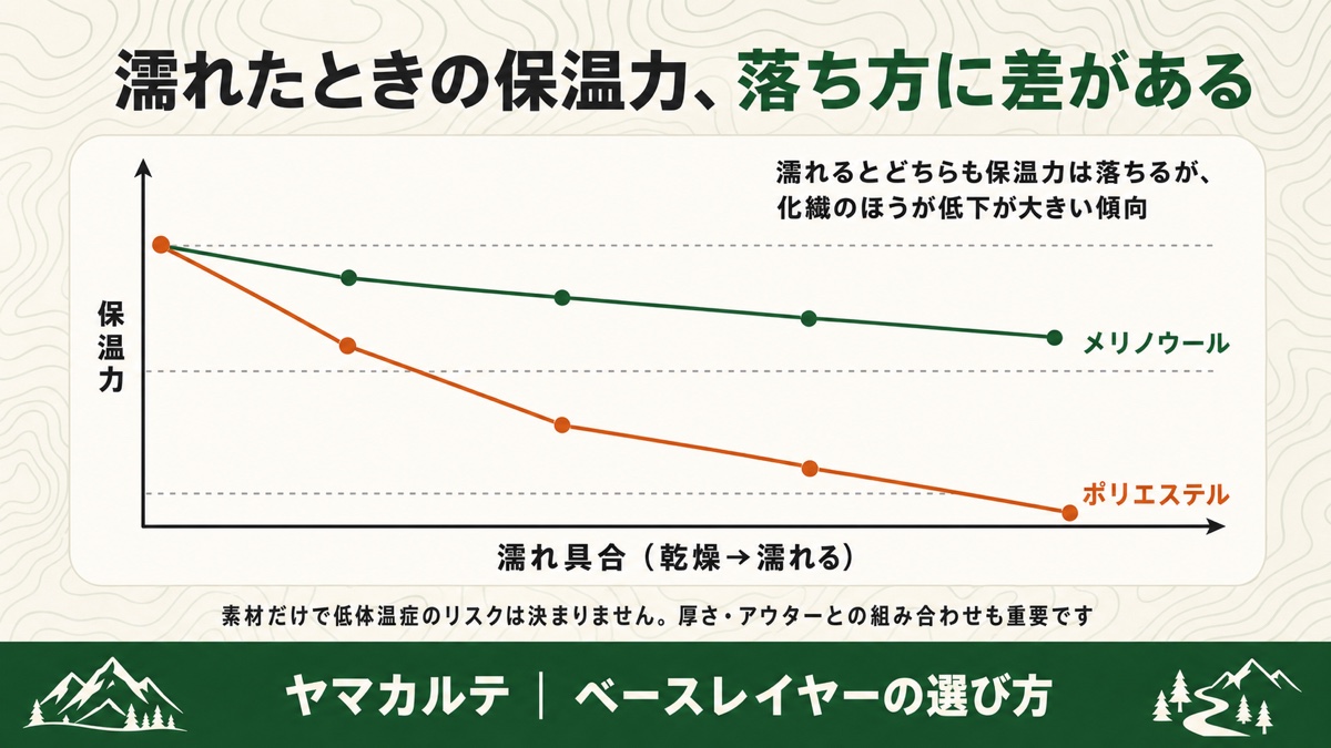 濡れ具合が進むほど保温力が低下しポリエステルはメリノウールより低下が急激という折れ線グラフ ヤマカルテ