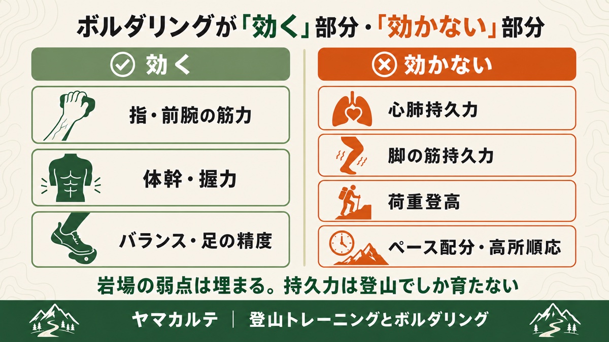 ボルダリングが効く部分(指・前腕の筋力、体幹・握力、バランス・足の精度)と効かない部分(心肺持久力、脚の筋持久力、荷重登高、ペース配分・高所順応)の比較 ヤマカルテ