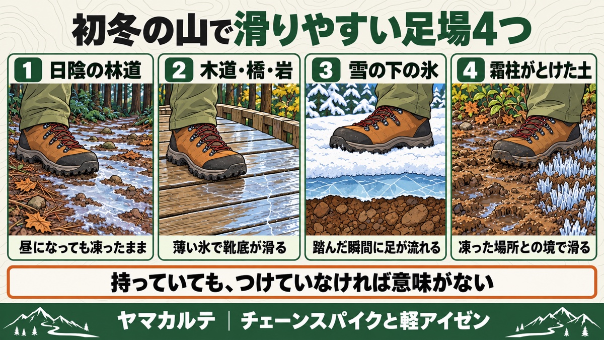 初冬の山で滑りやすい足場4つ 日陰の林道・木道や橋や岩・雪の下の氷・霜柱がとけた土 滑り止めは持っていてもつけていなければ意味がない ヤマカルテ