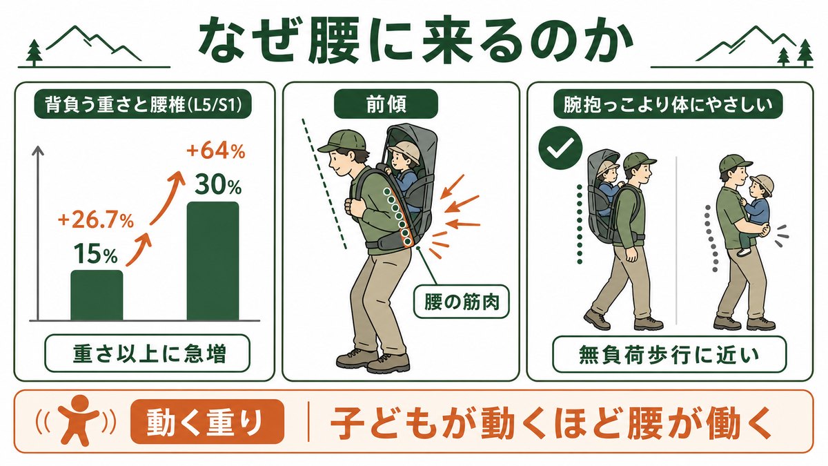 なぜチャイルドキャリア登山で腰が痛くなるかの図解 背負う重さで腰椎L5S1にかかる力は体重の15%で26.7%増30%で64%増と重さ以上に急増し前傾姿勢で腰の筋肉が働き続ける、ただしキャリアは腕抱っこより体にやさしく無負荷歩行に近い