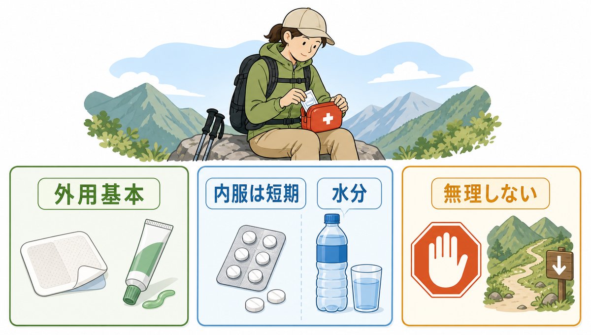 登山の鎮痛薬は外用が基本、内服は短期で水分とセットにし無理しない図解