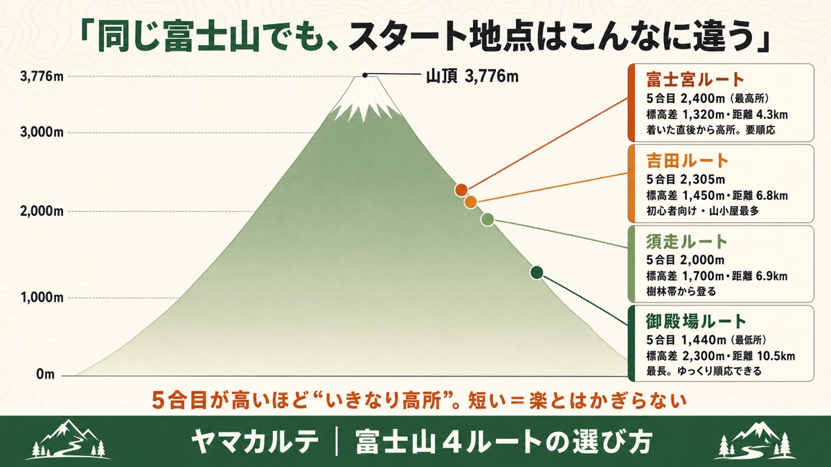 富士山4ルートの5合目標高を断面図で比較した図解。標高目盛り上に富士宮2,400m・吉田2,305m・須走2,000m・御殿場1,440mのマーカーを配置し、5合目が高いほどいきなり高所になることを示す ヤマカルテ