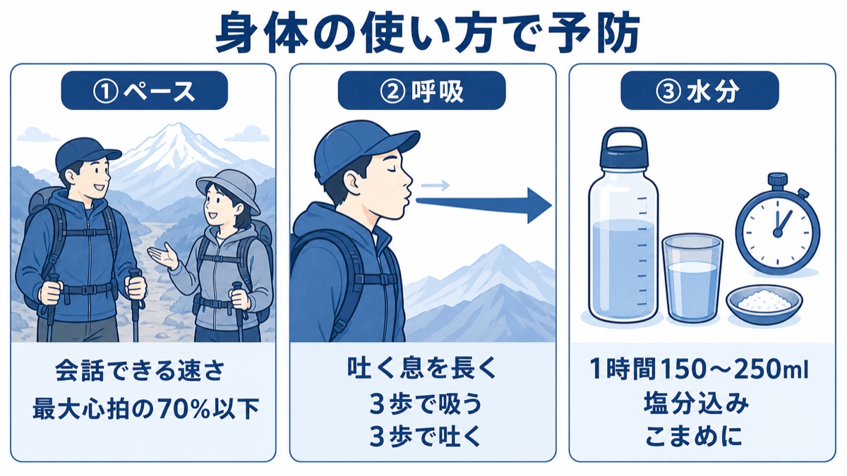 高山病を身体の使い方で予防する図解 ペースは会話できる速さで最大心拍70%以下、呼吸は吐く息を長く3歩で吸って3歩で吐く、水分は1時間150〜250mlを塩分込みでこまめに
