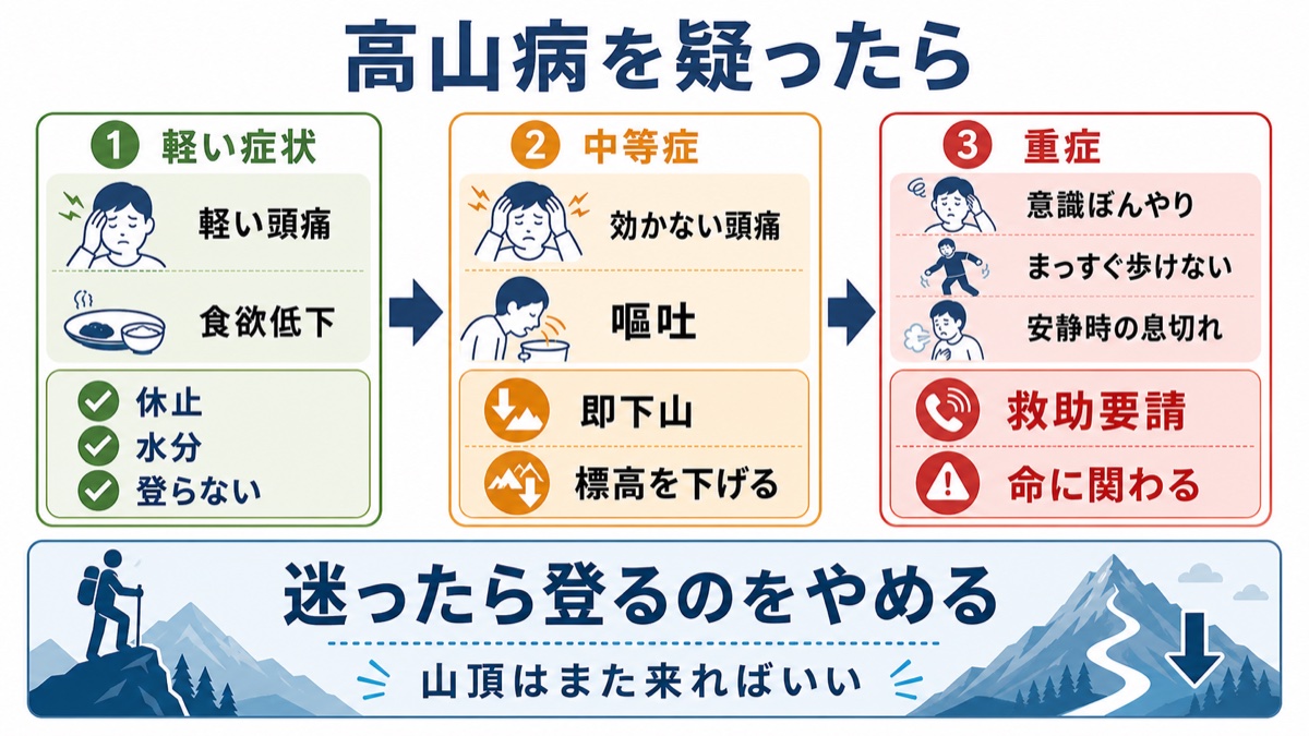高山病を疑ったときの行動判断フローの図解 軽い頭痛・食欲低下は休止と水分でそれ以上登らない、効かない頭痛や嘔吐は即下山して標高を下げる、意識ぼんやり・まっすぐ歩けない・安静時の息切れは救助要請で命に関わる、迷ったら登るのをやめる
