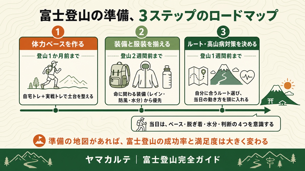 富士登山の準備、3ステップのロードマップ 登山1か月前まで=体力ベースを作る、2週間前まで=装備と服装を揃える、1週間前まで=ルート・高山病対策を決める、当日はペース・脱ぎ着・水分・判断を意識を理学療法士が図解 ヤマカルテ