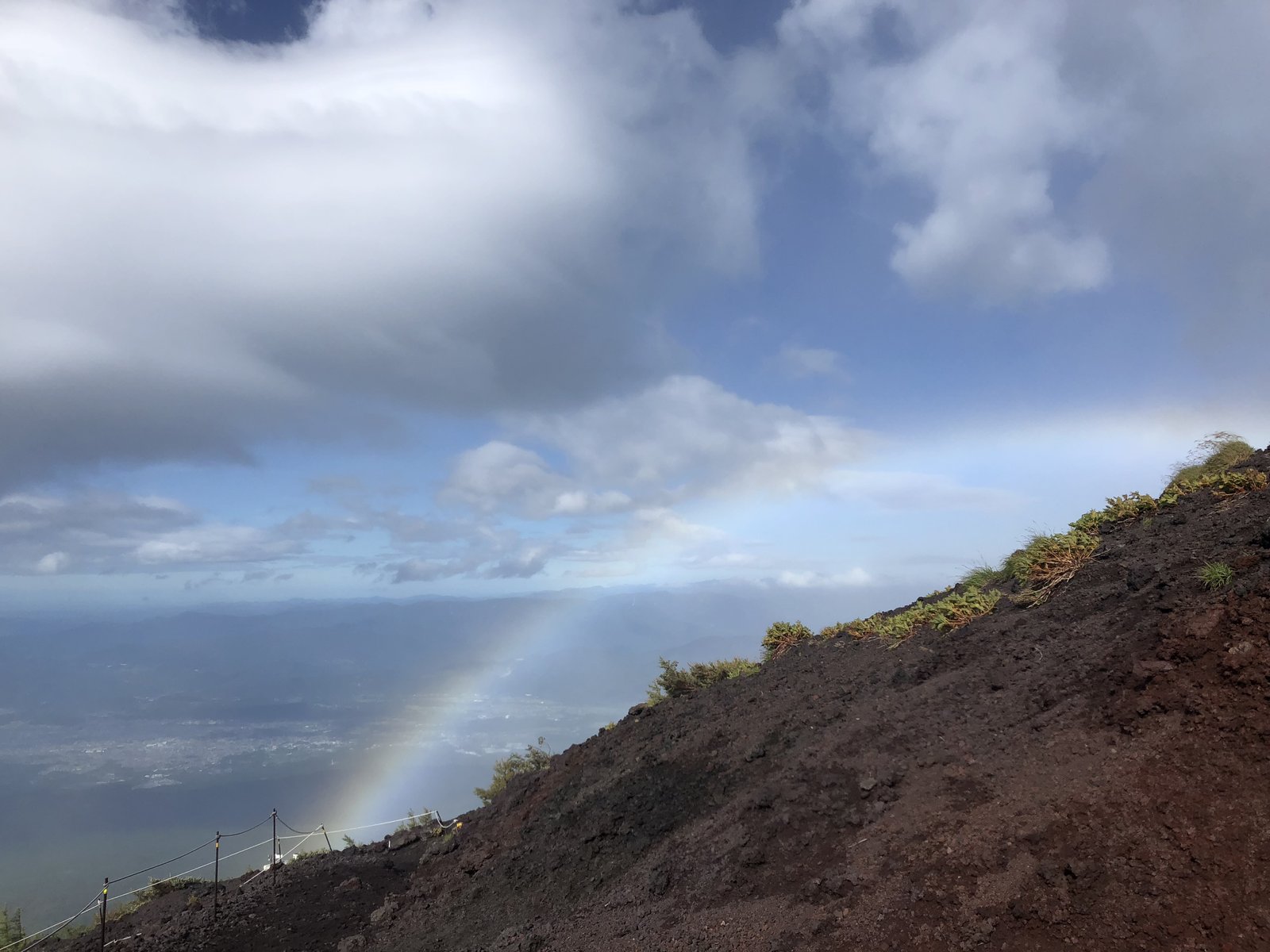 富士山に出た虹と荒れた火山砂礫の登山道 急な天候変化とレインウェアの必要性
