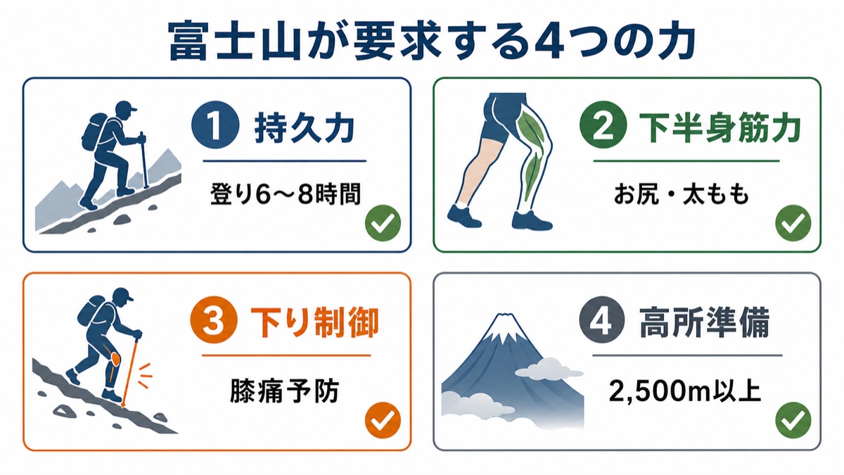 富士山が要求する4つの力の図解 止まらず登り続ける持久力、お尻と太もも前の下半身筋力、下りのブレーキ筋の遠心性制御、2500m以上を経験する高所準備