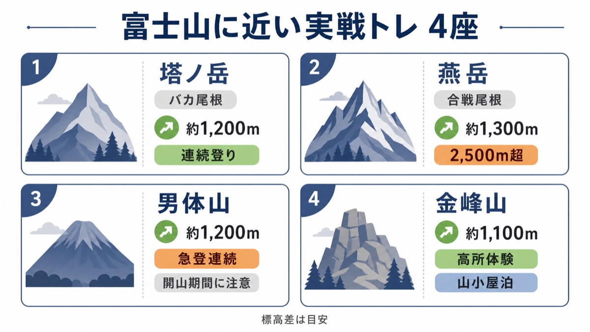 富士山に近い実戦トレの山4座の比較図解 塔ノ岳のバカ尾根が標高差約1200mの連続登り、燕岳の合戦尾根が約1300mで2500m超の高所、男体山が約1200mの急登連続、金峰山が約1100mの高所体験と山小屋泊(標高差は目安)
