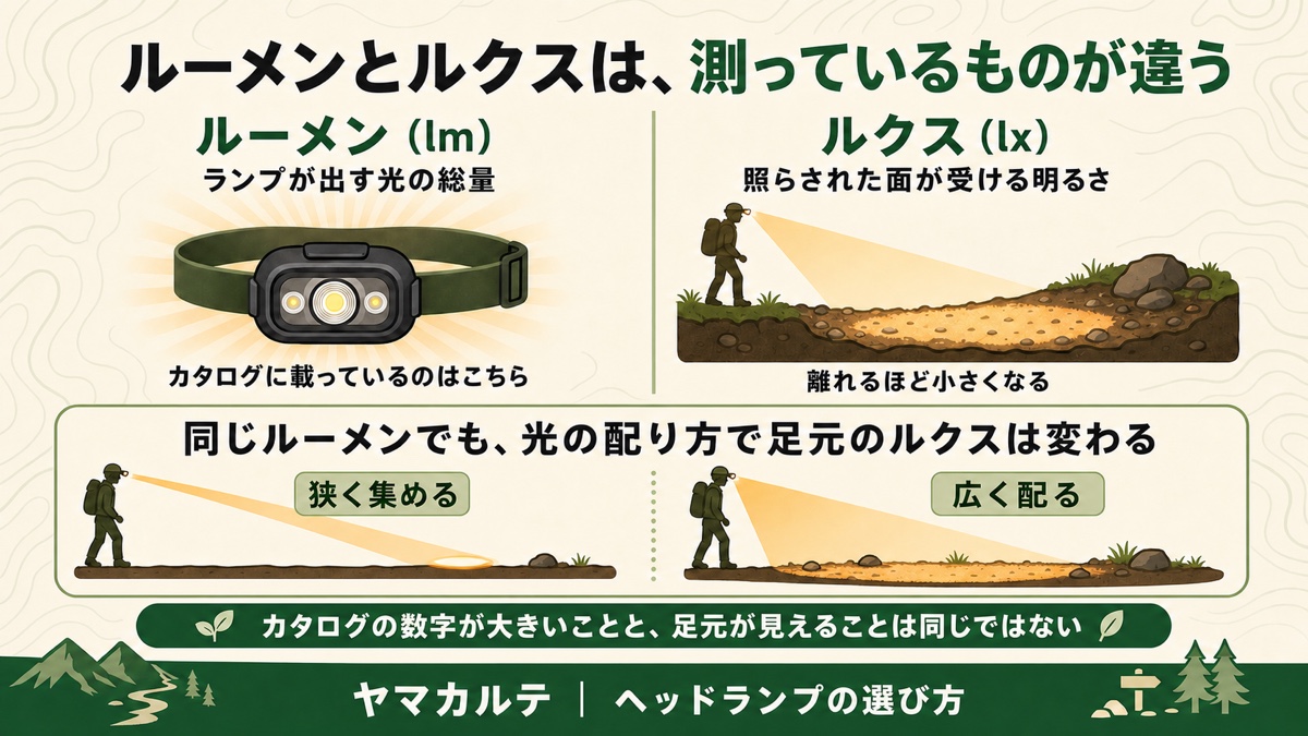 ルーメンとルクスの違いを示す図解 ルーメンはランプが出す光の総量でカタログ値、ルクスは照らされた面が受ける明るさで離れるほど小さくなる、同じルーメンでも狭く集めるか広く配るかで足元のルクスは変わる ヤマカルテ