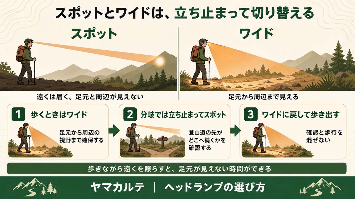 スポット配光とワイド配光の違いと使い分けの図解 スポットは遠くは届くが足元と周辺が見えない、ワイドは足元から周辺まで見える、歩くときはワイド・分岐では立ち止まってスポット・ワイドに戻して歩き出す ヤマカルテ