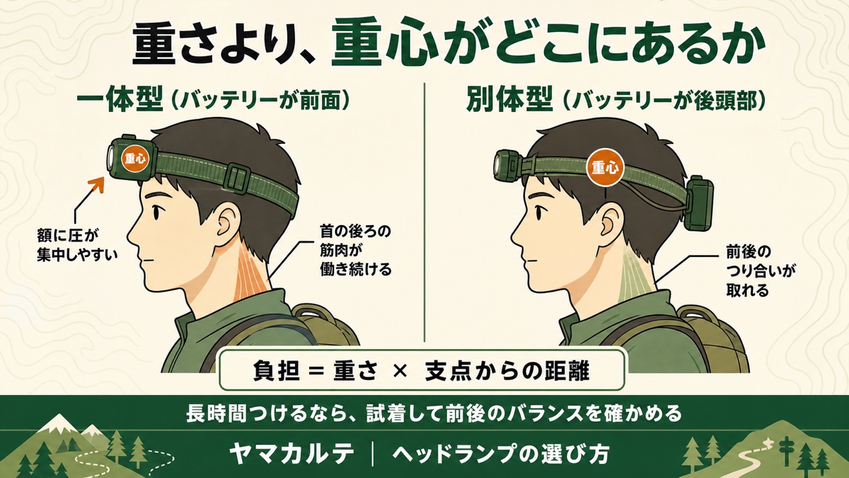 ヘッドランプの重心と首の負担を示す図解 バッテリーが前面の一体型は重心が額の前に出て首の後ろの筋肉が働き続け額に圧が集中、バッテリーが後頭部の別体型は重心が頭の中央で前後のつり合いが取れる ヤマカルテ