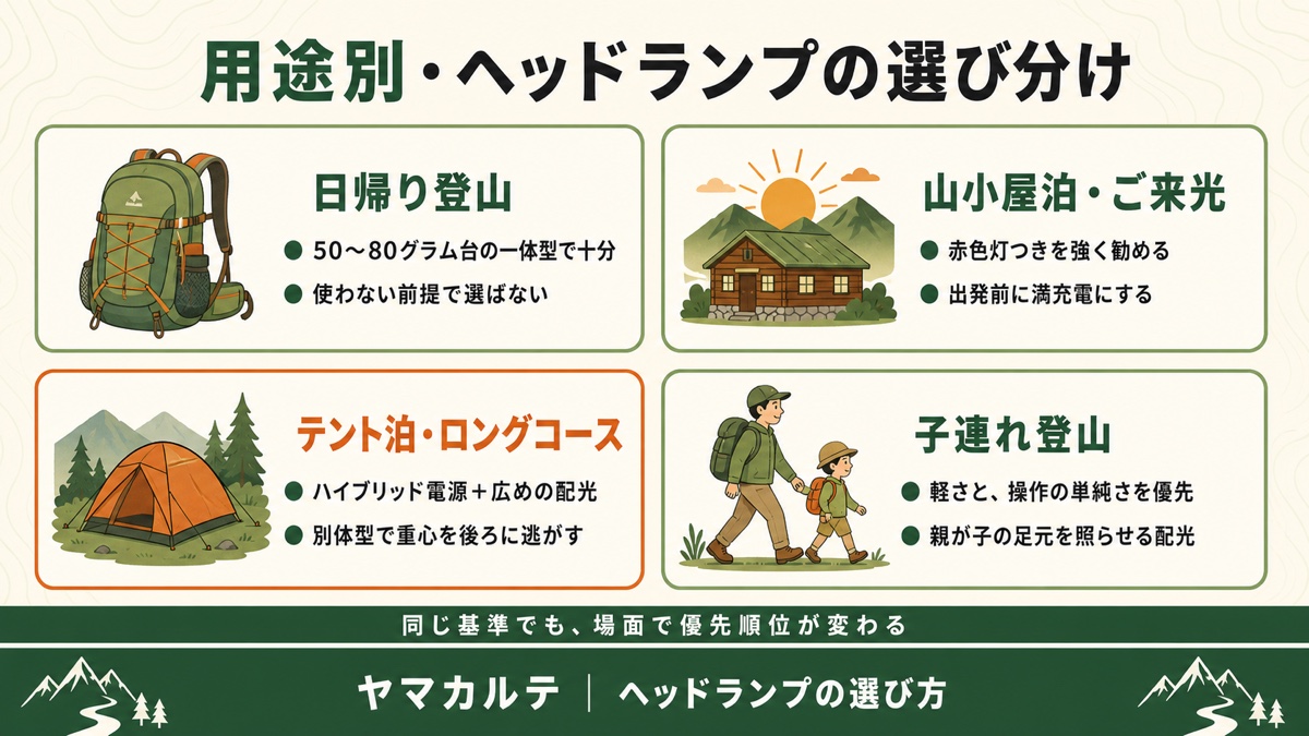 用途別ヘッドランプの選び分けの図解 日帰り登山は50〜80グラム台の一体型、山小屋泊とご来光は赤色灯つき、テント泊とロングコースはハイブリッド電源と広めの配光、子連れ登山は軽さと操作の単純さ ヤマカルテ
