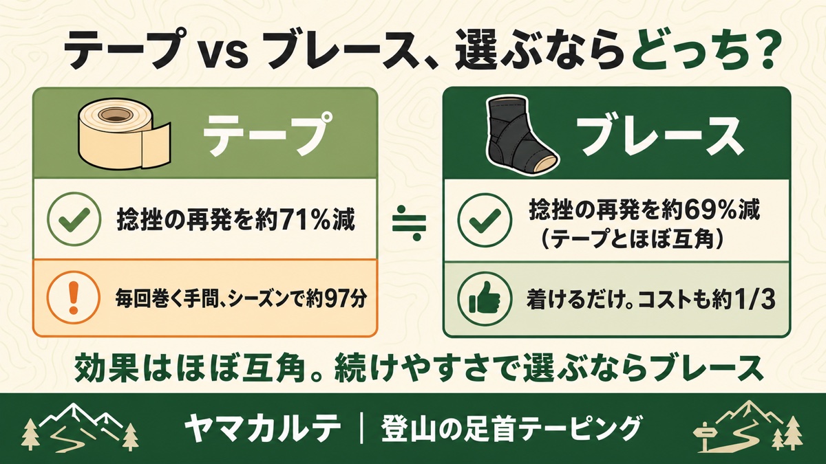 テープとブレースの比較 予防効果はほぼ互角(テープ約71%減・ブレース約69%減)だがコストと手間で差 ヤマカルテ