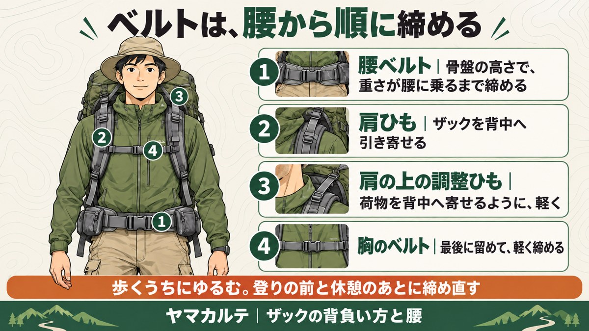 ザックのベルトを締める順番の図解 1腰ベルトを骨盤の高さで 2肩ひもで背中へ引き寄せる 3肩の上の調整ひもを軽く 4胸のベルトを最後に 歩くうちにゆるむので締め直す ヤマカルテ