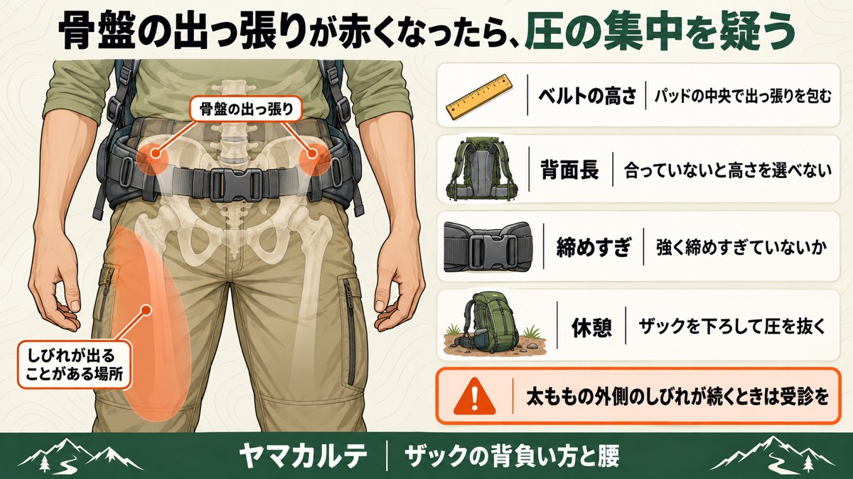 腰ベルトで骨盤の出っ張りが赤くなるときの図解 圧が集まりやすい骨盤の出っ張りと しびれが出ることがある太ももの外側 ベルトの高さ・背面長・締めすぎ・休憩の4点を見直す ヤマカルテ