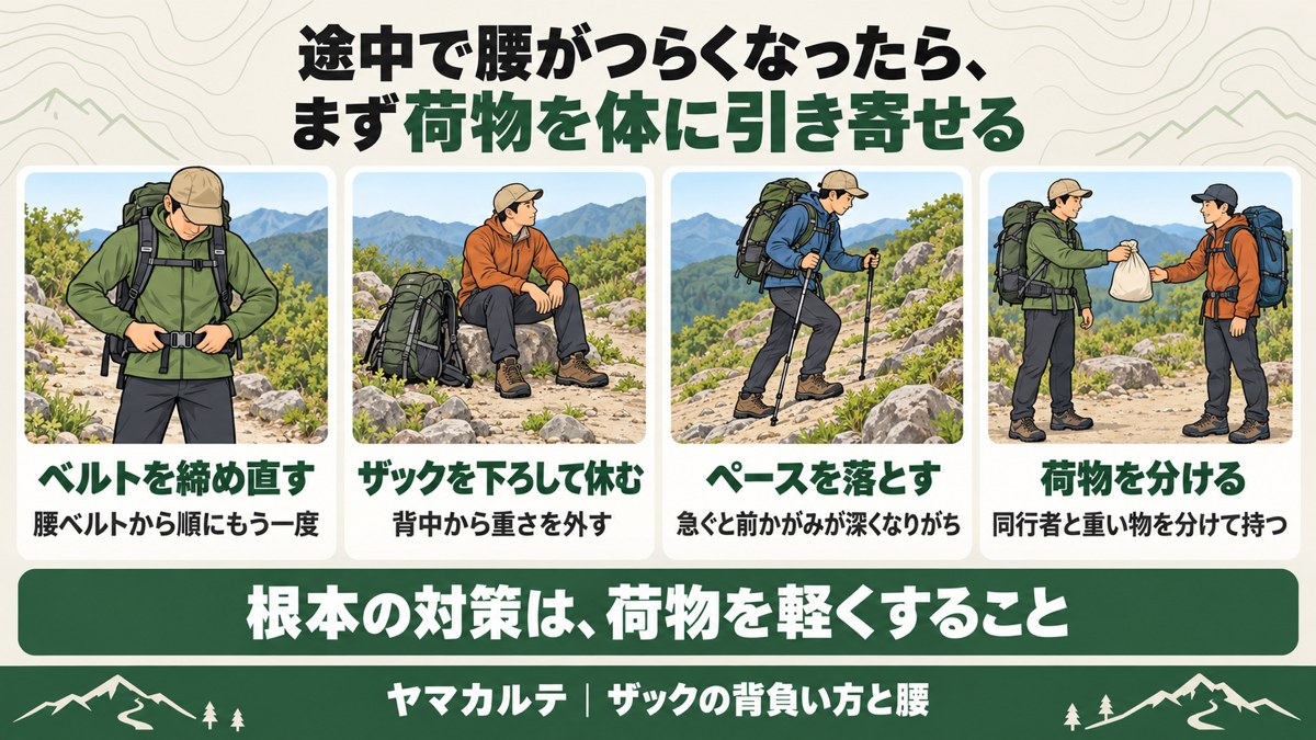 歩いている途中で腰がつらくなったときの図解 ベルトを締め直す・ザックを下ろして休む・ペースを落とす・荷物を分ける 根本の対策は荷物を軽くすること ヤマカルテ