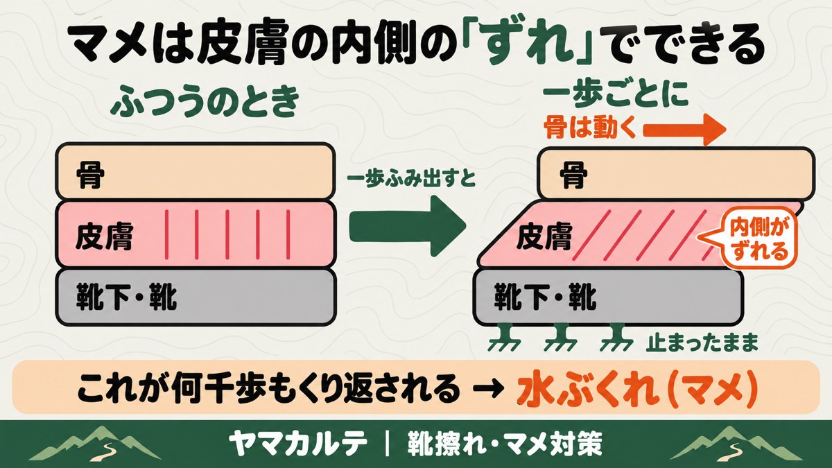 マメは皮膚の内側のずれでできる 一歩ごとに骨は動き靴下と靴は止まったままで、あいだの皮膚が斜めにずれ、何千歩もくり返されて水ぶくれになる仕組みの図解 ヤマカルテ