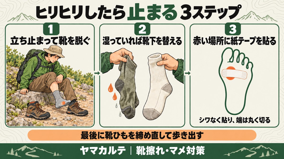 ヒリヒリしたら止まる3ステップ 立ち止まって靴を脱ぐ・湿っていれば靴下を替える・赤い場所に紙テープを貼り、靴ひもを締め直して歩き出す 図解 ヤマカルテ