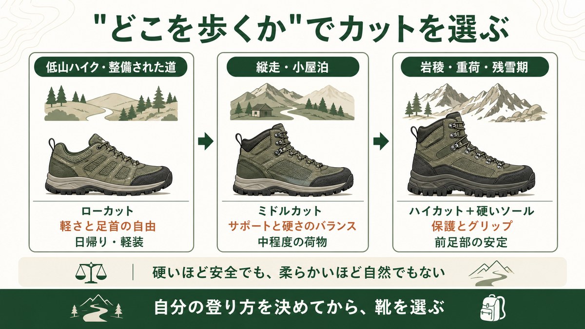 登山靴を用途で選ぶ図解 低山ハイクはローカット 縦走小屋泊はミドルカット 岩稜や重荷や残雪期はハイカットと硬いソール