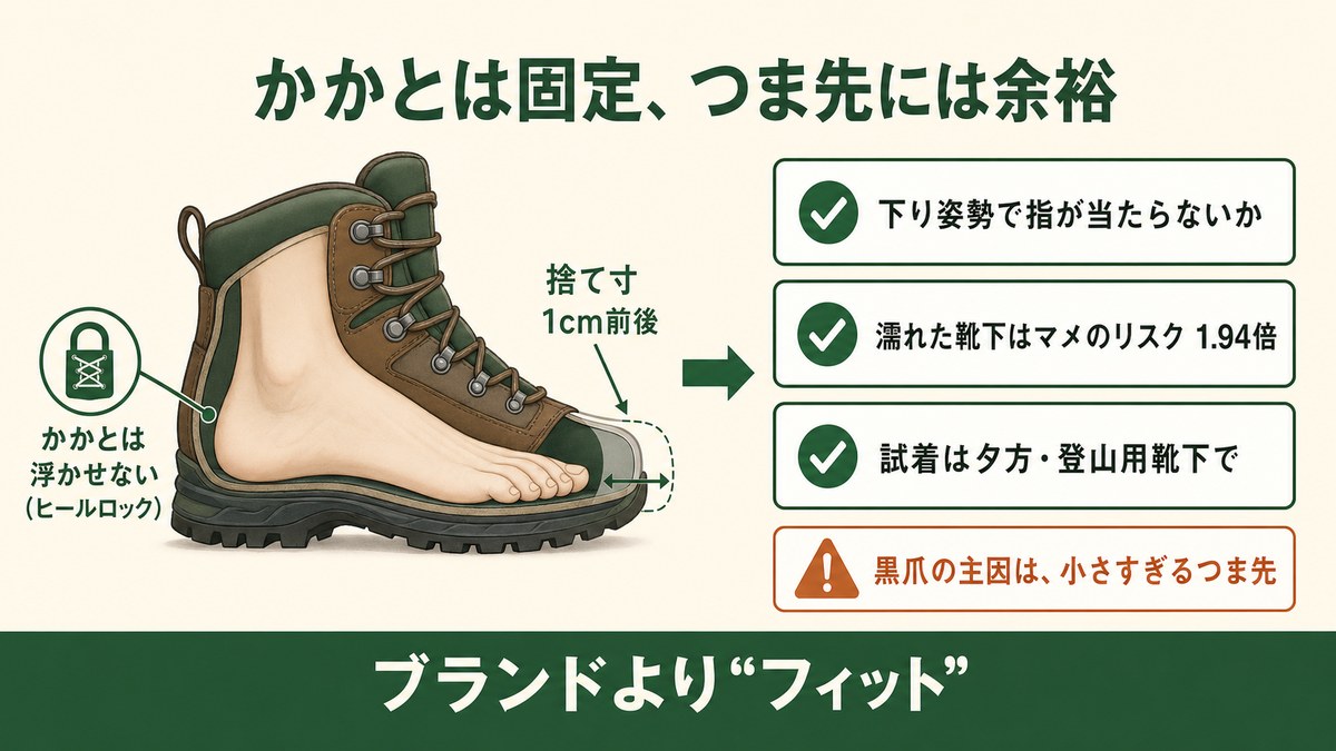 登山靴のサイズとフィットの図解 かかとは固定しつま先には捨て寸1cm前後の余裕 濡れた靴下はマメのリスク1.94倍 黒爪の主因は小さすぎるつま先