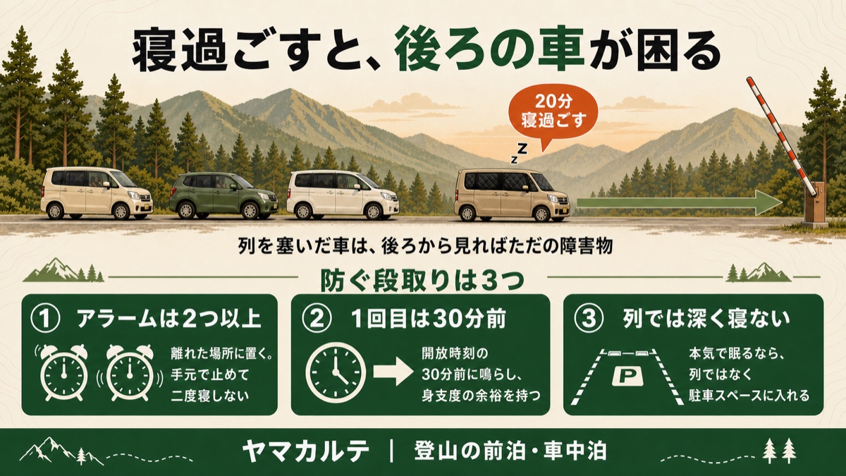 ゲート前で寝過ごすと後続の車が困ることを示す図解 20分寝過ごした先頭の車を後続が避けてゲートへ入っていく 防ぐ段取りはアラームを2つ以上離して置く・1回目は開放時刻の30分前・列では深く寝ない ヤマカルテ