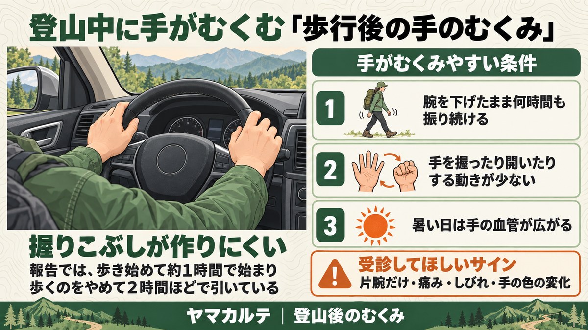 登山中に手がむくむ歩行後の手のむくみ ハンドルを握ると握りこぶしが作りにくい、報告では歩き始めて約1時間で始まり2時間ほどで引く、腕を下げて振り続ける・手を握る動きが少ない・暑さで血管が広がる、片腕だけや痛み・しびれは受診 ヤマカルテ