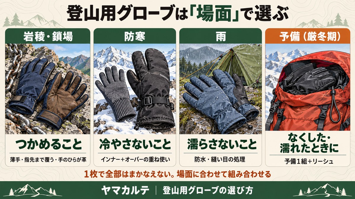 登山用グローブは場面で選ぶ 岩稜・鎖場はつかめること、防寒は冷やさないこと、雨は濡らさないこと、厳冬期は予備1組とリーシュの4枚のカード ヤマカルテ