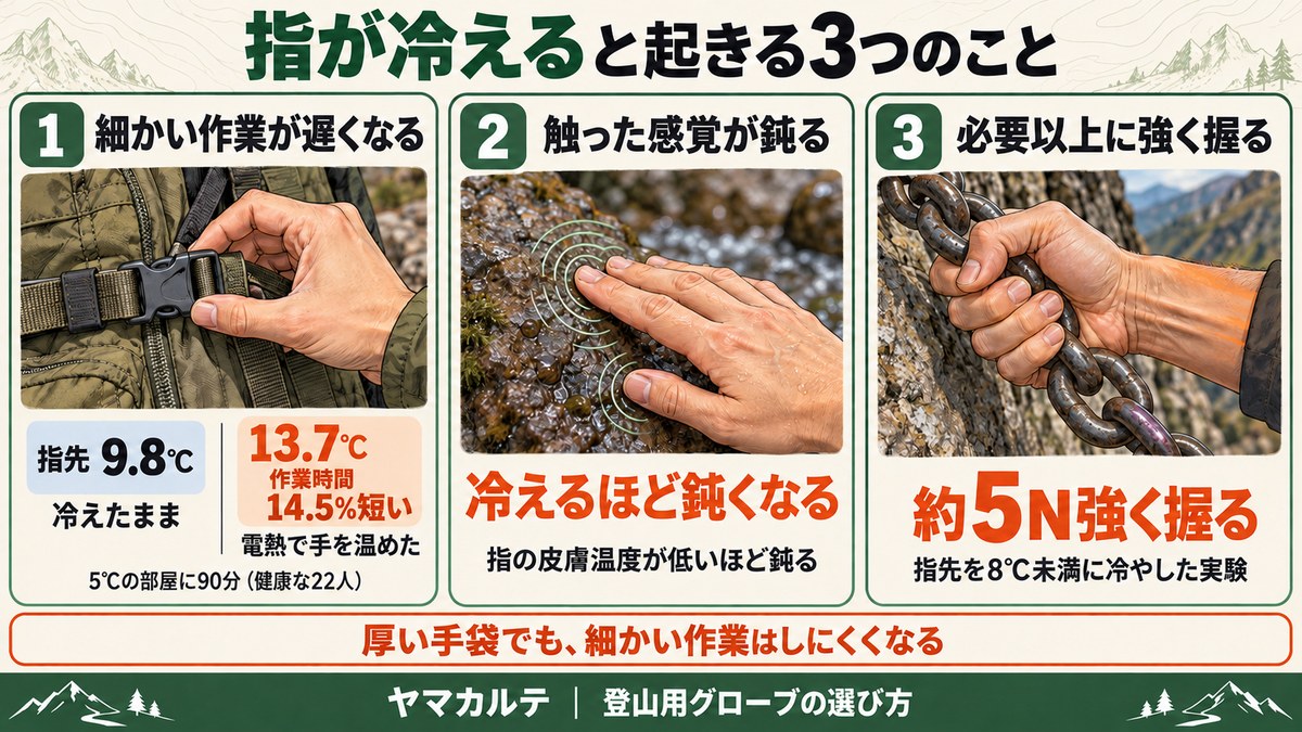 指が冷えると起きる3つのこと 5℃に90分で指先9.8℃・電熱で温めると13.7℃で作業時間14.5%短い、冷えるほど触覚が鈍る、指先を8℃未満に冷やすと約5N強く握る ヤマカルテ
