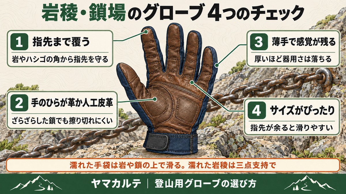 岩稜・鎖場のグローブ4つのチェック 指先まで覆う・手のひらが革か人工皮革・薄手で感覚が残る・サイズがぴったり 濡れた手袋は岩や鎖の上で滑る ヤマカルテ