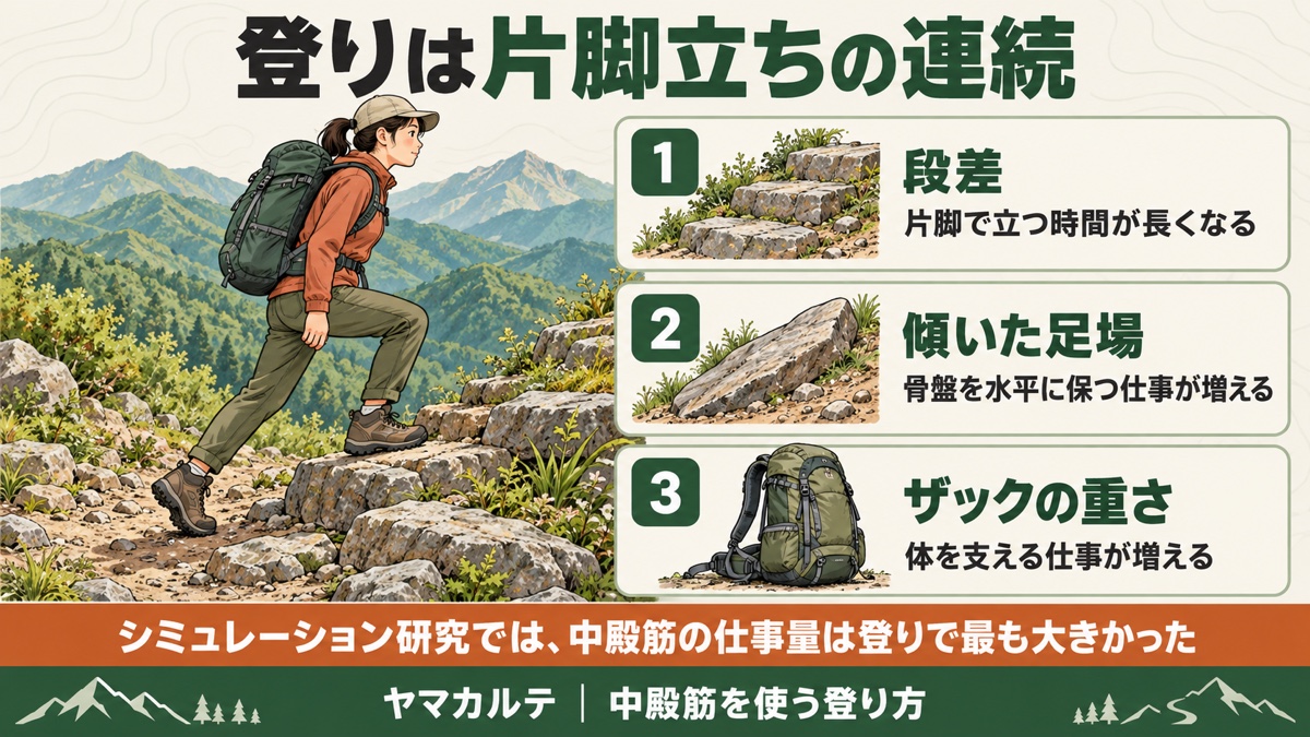 登りは片脚立ちの連続 段差・傾いた足場・ザックの重さが中殿筋の仕事を増やす シミュレーション研究では中殿筋の仕事量は登りで最大 ヤマカルテ