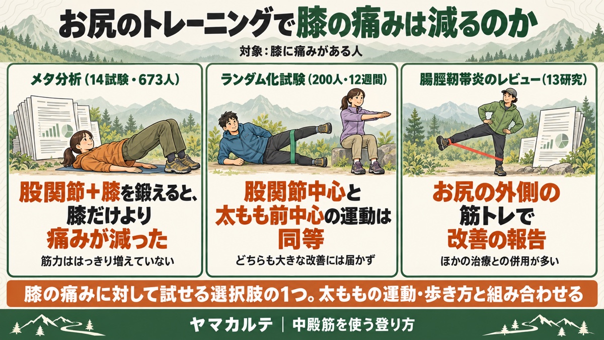 お尻のトレーニングで膝の痛みは減るのか メタ分析14試験673人・ランダム化試験200人・腸脛靱帯炎のレビュー13研究の結果 膝の痛みに対して試せる選択肢の1つ ヤマカルテ