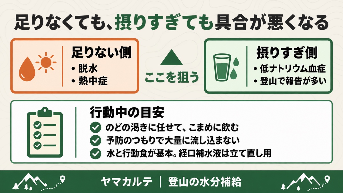 登山の水分は足りない側と摂りすぎ側の両方に危険がある 脱水・熱中症と低ナトリウム血症、行動中は渇きに任せてこまめに飲むという目安を理学療法士が図解 ヤマカルテ