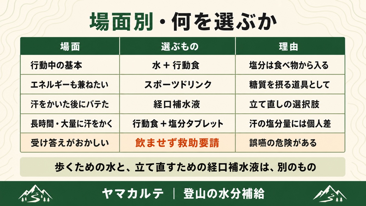 登山の水分補給の場面別の選び方 行動中は水と行動食、エネルギーはスポーツドリンク、バテたら経口補水液、受け答えがおかしいときは飲ませず救助要請という図解 ヤマカルテ