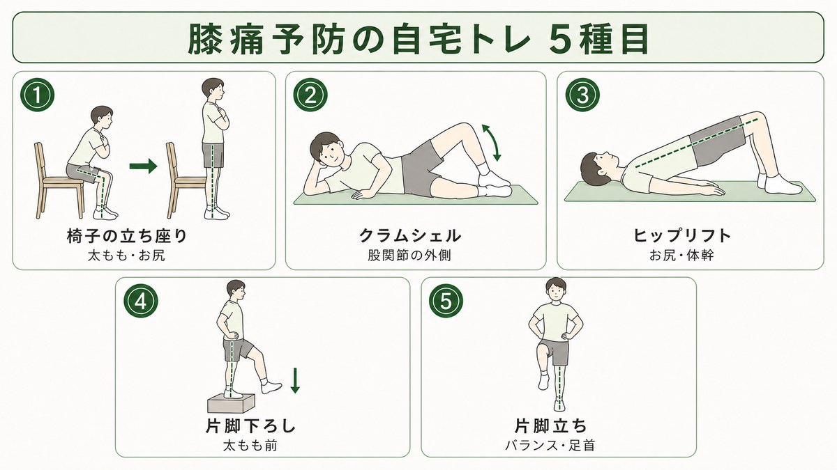登山の膝痛予防に効く自宅トレ5種目 椅子の立ち座り・クラムシェル・ヒップリフト・片脚下ろし・片脚立ちの正しいフォームを理学療法士が図解 ヤマカルテ
