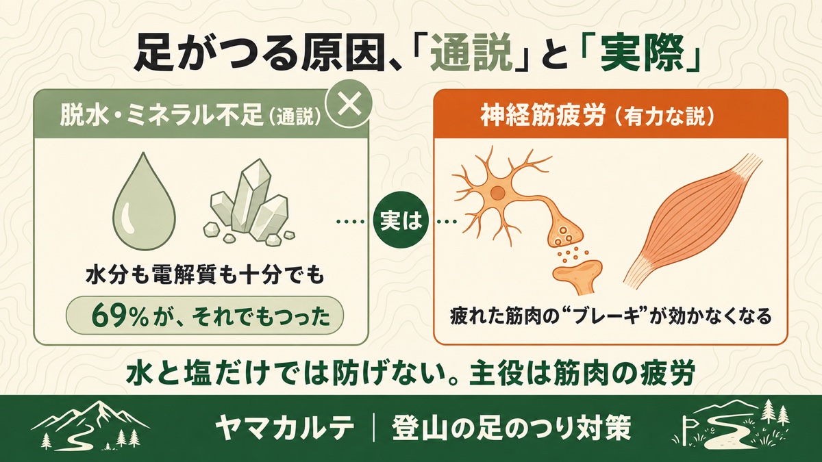足がつる原因の通説(脱水・ミネラル不足)と実際に有力な説(神経筋疲労)の対比 水分電解質が十分でも69%がつった ヤマカルテ