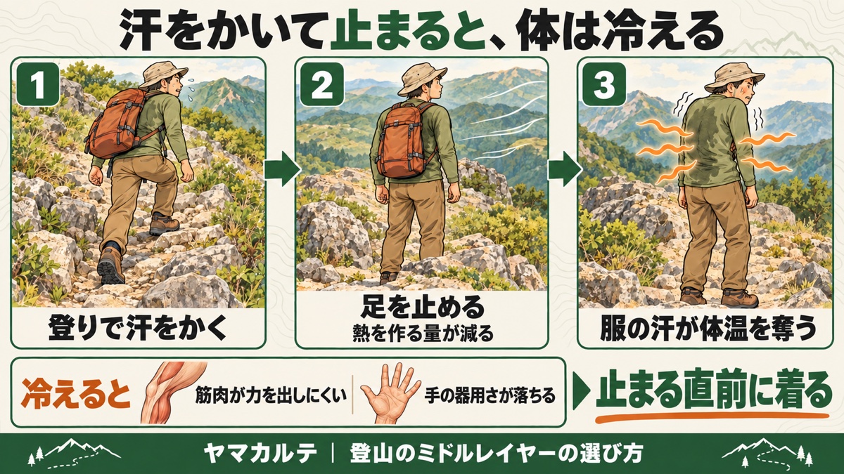 登りで汗をかき、足を止め、服の汗が体温を奪う3段階。冷えると筋肉が力を出しにくく手の器用さが落ちるので止まる直前に着る ヤマカルテ