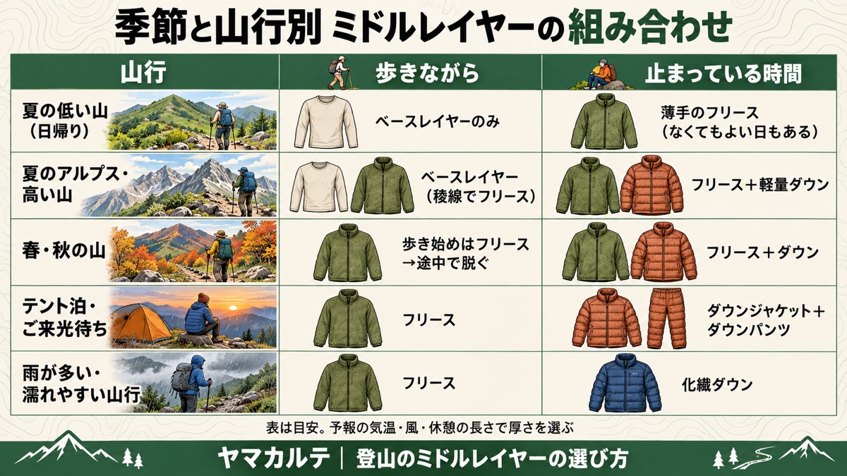 季節と山行別のミドルレイヤーの組み合わせ早見表。夏の低い山、夏のアルプス、春秋の山、テント泊・ご来光待ち、雨が多い山行ごとに歩きながらと止まっている時間の服 ヤマカルテ