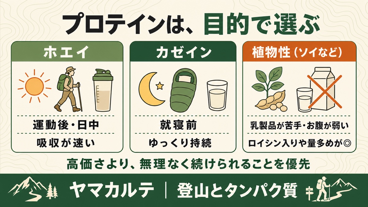 プロテインは目的で選ぶ ホエイは運動後・日中、カゼインは就寝前、植物性は乳製品が苦手な人に ヤマカルテ