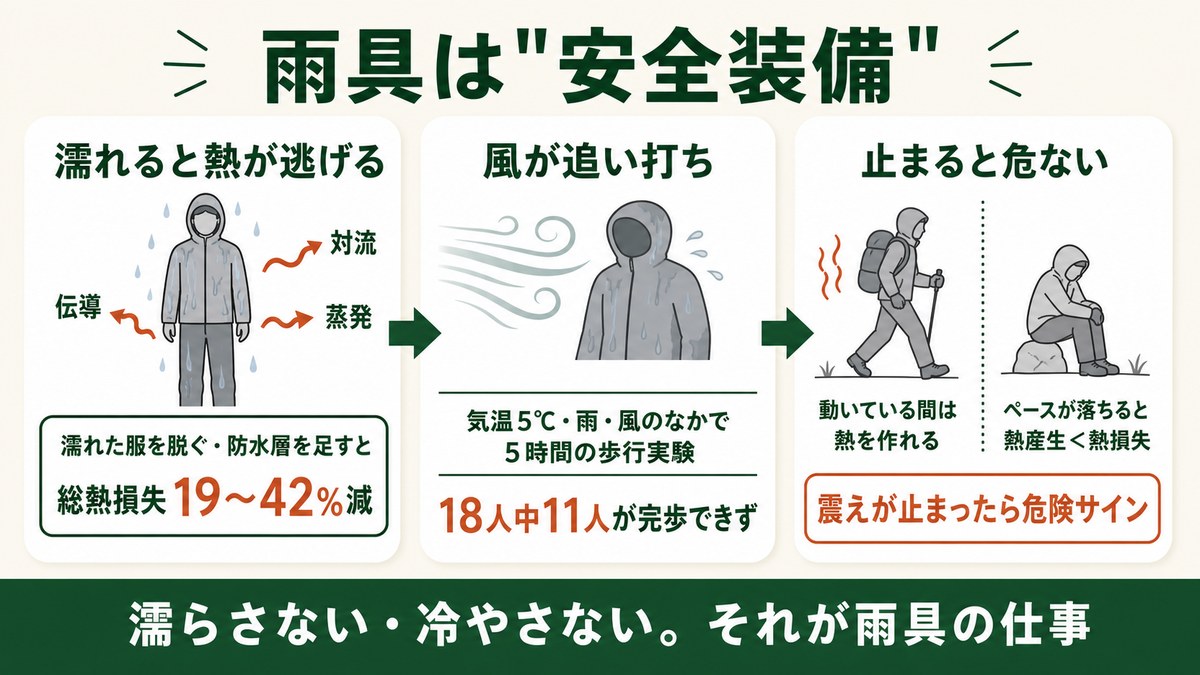 登山の雨具が安全装備である理由の図解 濡れると伝導・対流・蒸発で熱が逃げ風が追い打ちしペースが落ちると熱産生が熱損失を下回る 低体温症を防ぐレインウェア