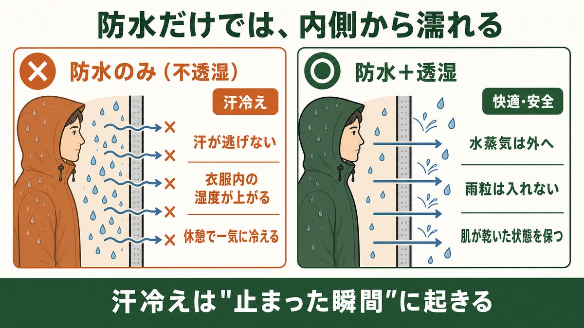 レインウェアの汗冷えと透湿の図解 防水のみの不透湿は汗が逃げず衣服内の湿度が上がり休憩で冷える 防水透湿は水蒸気を外へ逃がし雨粒は入れない