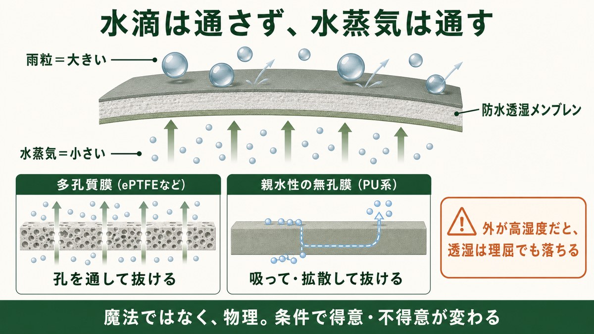 ゴアテックスなど防水透湿メンブレンの仕組みの図解 雨粒は大きく通さず水蒸気は小さく通す 多孔質膜ePTFEは孔を通し親水性の無孔膜PU系は吸って拡散して抜ける