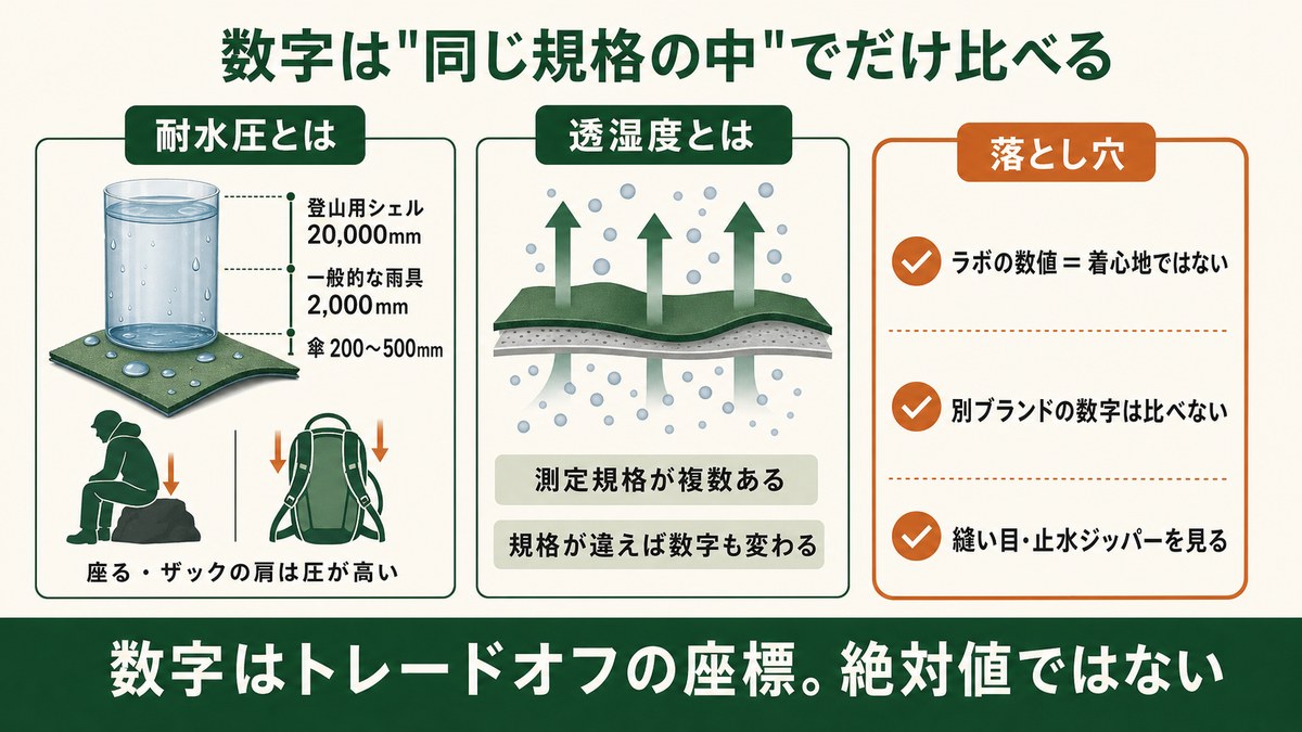 登山レインウェアの耐水圧と透湿度の読み方の図解 傘200〜500mm一般的な雨具2000mm登山用シェル20000mm 測定規格が複数あり別ブランドの数字は比べない