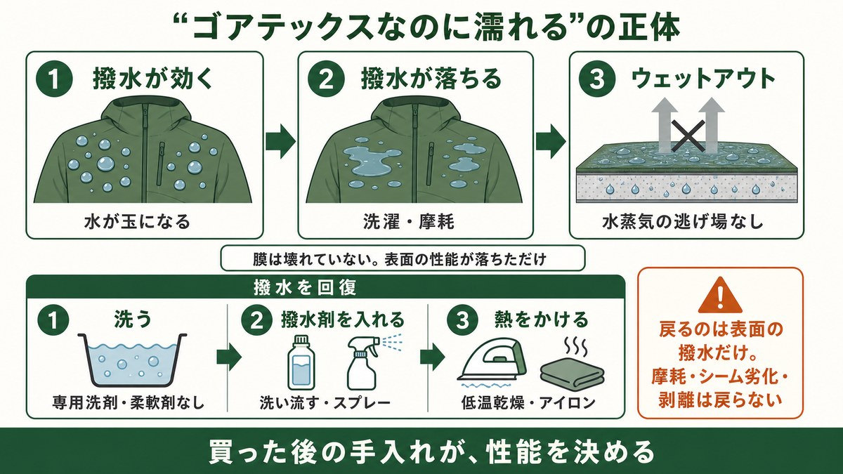 レインウェアの撥水DWR劣化とウェットアウトの図解 撥水が落ちると表地が濡れ水蒸気の逃げ場がなくなる 洗う撥水剤を入れる熱をかけるの3ステップで表面の撥水を回復