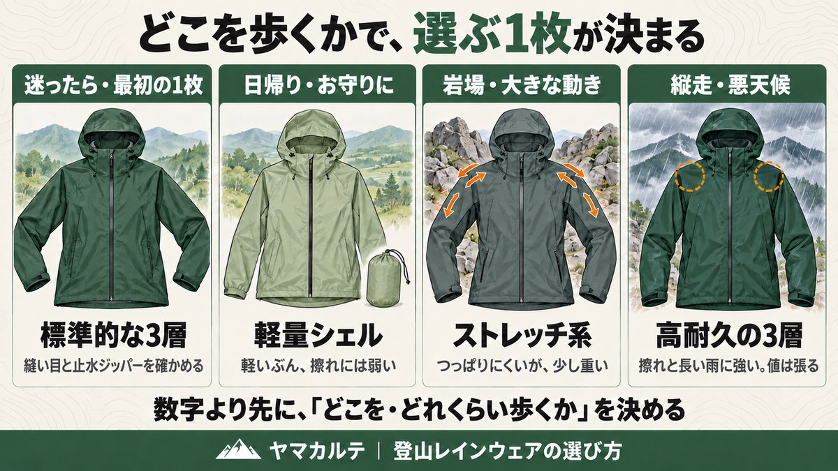 登山レインジャケットを用途で選ぶ4つの枠の図解 迷ったら標準的な3層 日帰り・お守りには軽量シェル 岩場や大きな動きにはストレッチ系 縦走・悪天候には高耐久の3層 ヤマカルテ